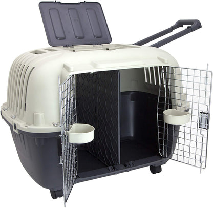 SportPet Designs Plastic Kennels Rolling Plastic Airline Approved Wire Door Travel Dog Crate, XXX-Large, Gray