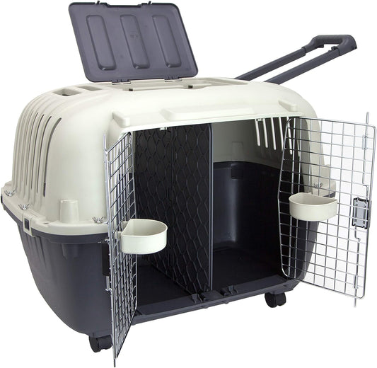 SportPet Designs Plastic Kennels Rolling Plastic Airline Approved Wire Door Travel Dog Crate, XXX-Large, Gray