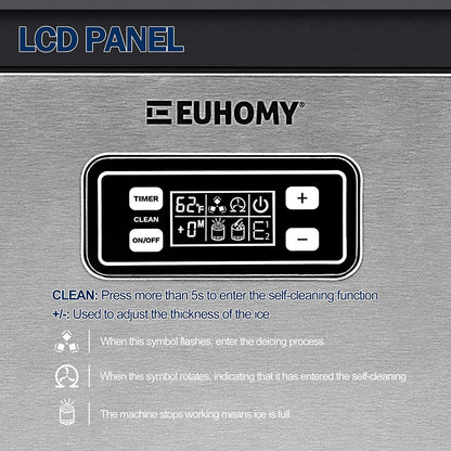 Euhomy Commercial Ice Machine, 2 Way Water Supply 100lbs/24H Stainless Steel Under Counter ice Machine with 33lbs Capacity