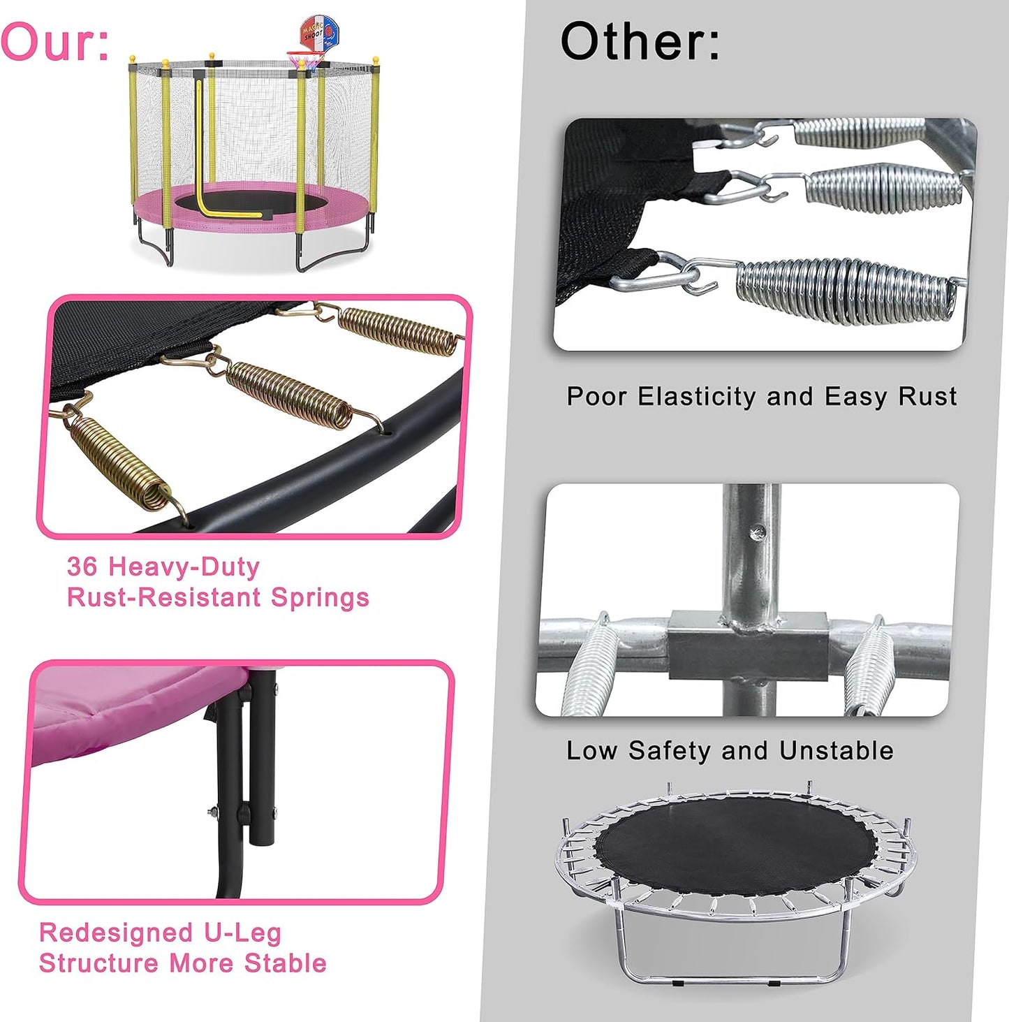 60" Kids Trampoline with Safety Enclosure Net, 5FT Toddler Indoor & Outdoor Trampoline/w Basketball Hoop - Parent-Child Interactive Game Fitness Trampoline Toy Gift for Boys and Girls Age 1-8