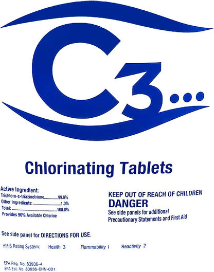 C3... 3" Stabilized Chlorine Tablets for Swimming Pools and Spas | Individually Wrapped | Slow Dissolving Tabs | 50 Pounds
