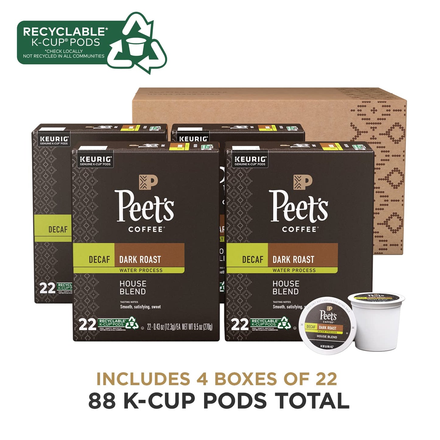Peet's Coffee Dark Roast Decaffeinated Coffee Decaf House Blend 88 Count (4 Boxes of 22 K-Cup Pods)