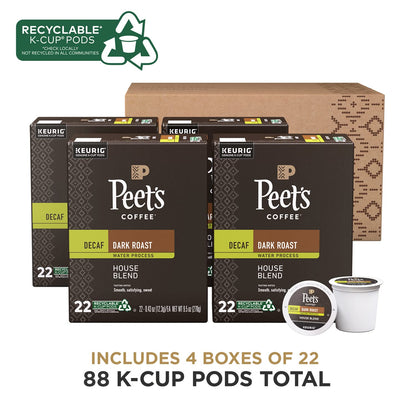 Peet's Coffee Dark Roast Decaffeinated Coffee Decaf House Blend 88 Count (4 Boxes of 22 K-Cup Pods)