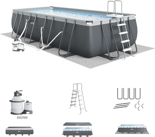 Rectangular Frame Above Ground Outdoor Swimming Pool Set with 1200 GPH Sand Filter Pump, Pool Cover and Ladder