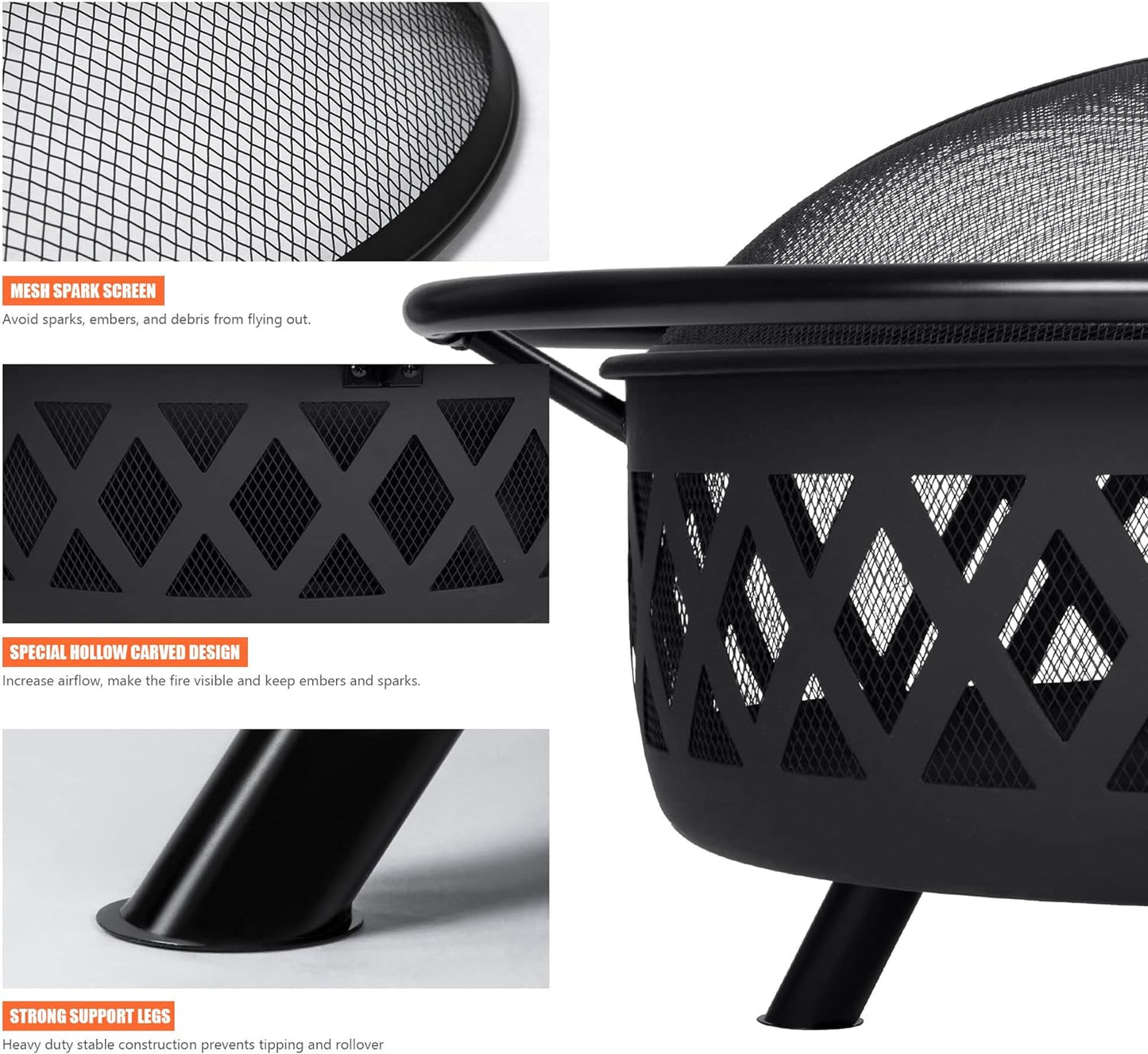 SUNCREAT 42” Patio Fire Pit Wood Burning with Mesh Spark Screen, Bonfire Outdoor firepit with Fireplace Poker, Black