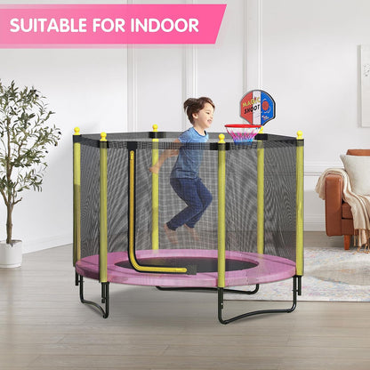60" Kids Trampoline with Safety Enclosure Net, 5FT Toddler Indoor & Outdoor Trampoline/w Basketball Hoop - Parent-Child Interactive Game Fitness Trampoline Toy Gift for Boys and Girls Age 1-8