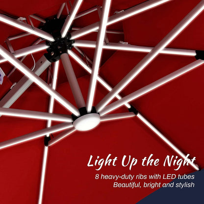 12ft Solar LED Patio Umbrella Outdoor Round Umbrella Large Cantilever Umbrella with LED Lights Windproof Bias Umbrella Heavy Duty Parasol for Garden Deck Pool Patio