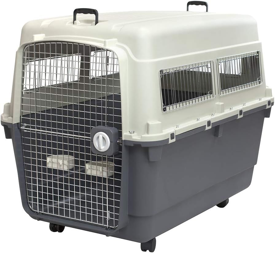 SportPet Designs Plastic Kennels Rolling Plastic Airline Approved Wire Door Travel Dog Crate, XXX-Large, Gray