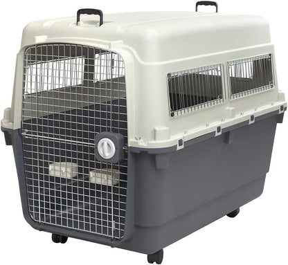 SportPet Designs Plastic Kennels Rolling Plastic Airline Approved Wire Door Travel Dog Crate, XXX-Large, Gray