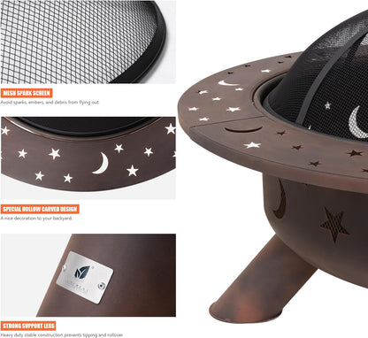 SUNCREAT 42” Patio Fire Pit Wood Burning with Mesh Spark Screen, Bonfire Outdoor firepit with Fireplace Poker, Black