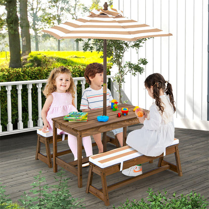 Wooden Kids Picnic Table Bench Set Children Outdoor Activity Table with Cushions & Height Adjustable Umbrella