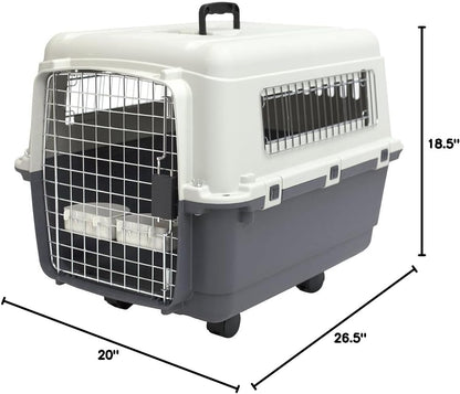 SportPet Designs Plastic Kennels Rolling Plastic Airline Approved Wire Door Travel Dog Crate, XXX-Large, Gray