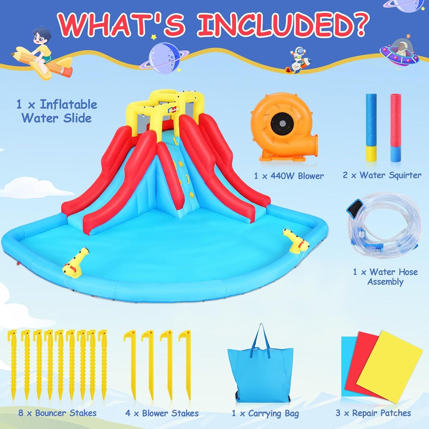 Inflatable Water Slides for Kids 8-in-1 Bounce House Water Park with 450W Blower Climbing Wall, Splash Pool, 2 Water Cannons, Basketball Hoop, Water Slide, Crocodile Sprinkler for Gift Backyard Party