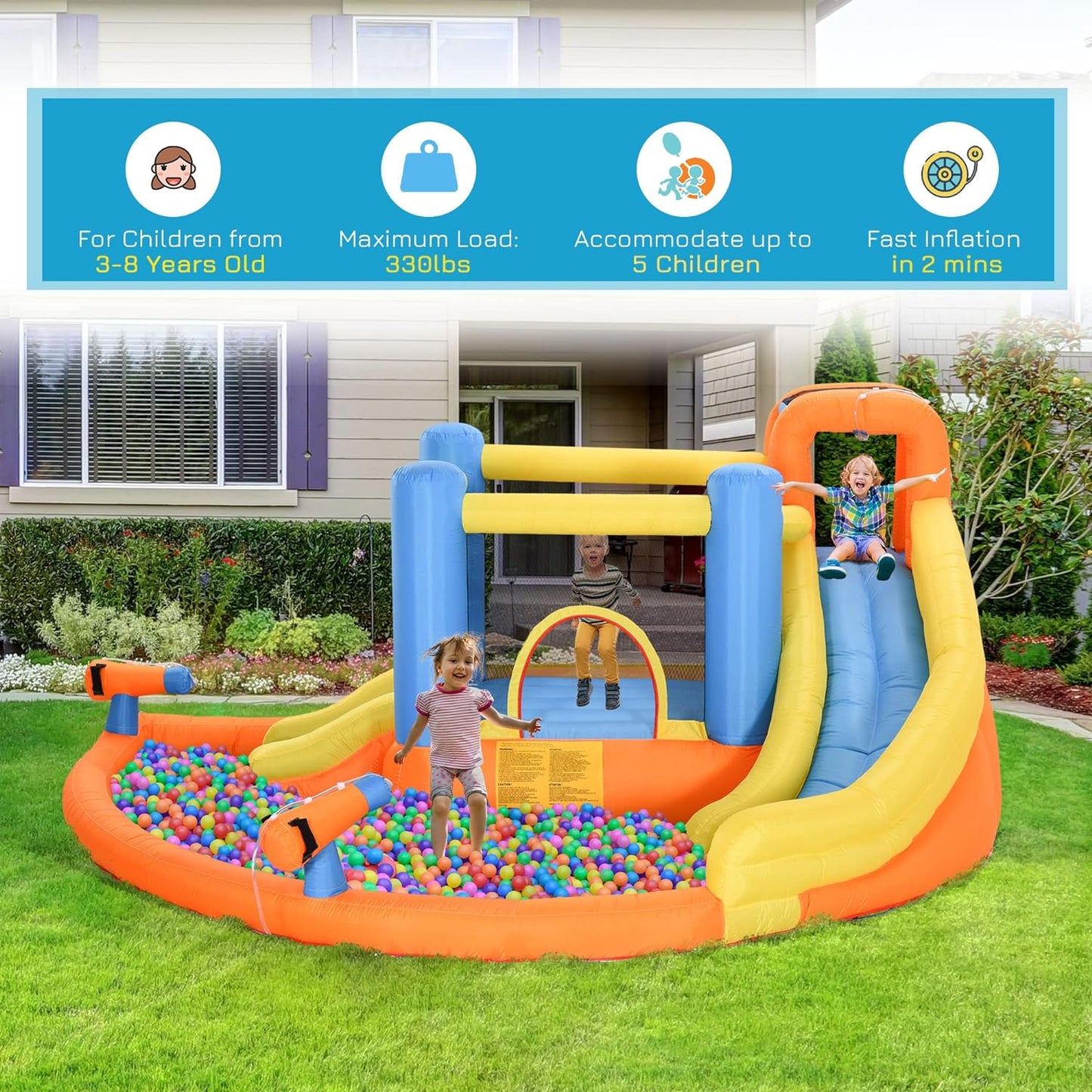 Kids Inflatable Water Slide 5-in-1 Bounce House Water Park Jumping Castle with Water Pool, Slide, Climbing Walls, & 2 Water Cannons, 450W Air Blower