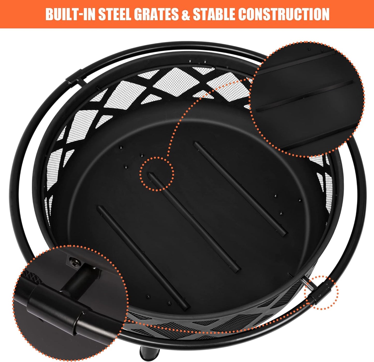 SUNCREAT 42” Patio Fire Pit Wood Burning with Mesh Spark Screen, Bonfire Outdoor firepit with Fireplace Poker, Black