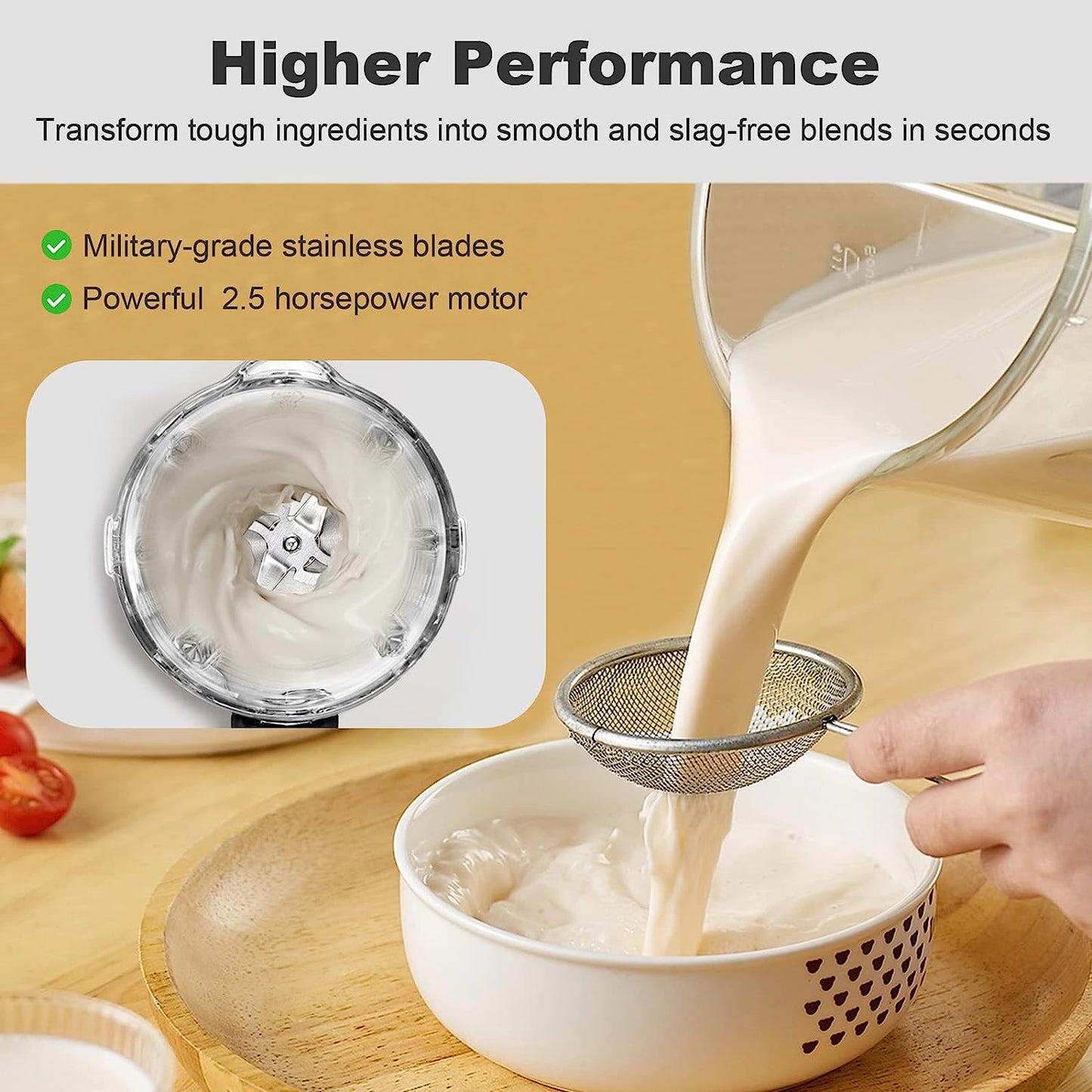 Kitchen Quiet Professional Blender: Vacuum Commercial Blender for Shakes and Smoothies - 56 Ounce Industrial Countertop Blender - 1500 Watt High Power Smoothie Blender with Guard, 29015 (Black)