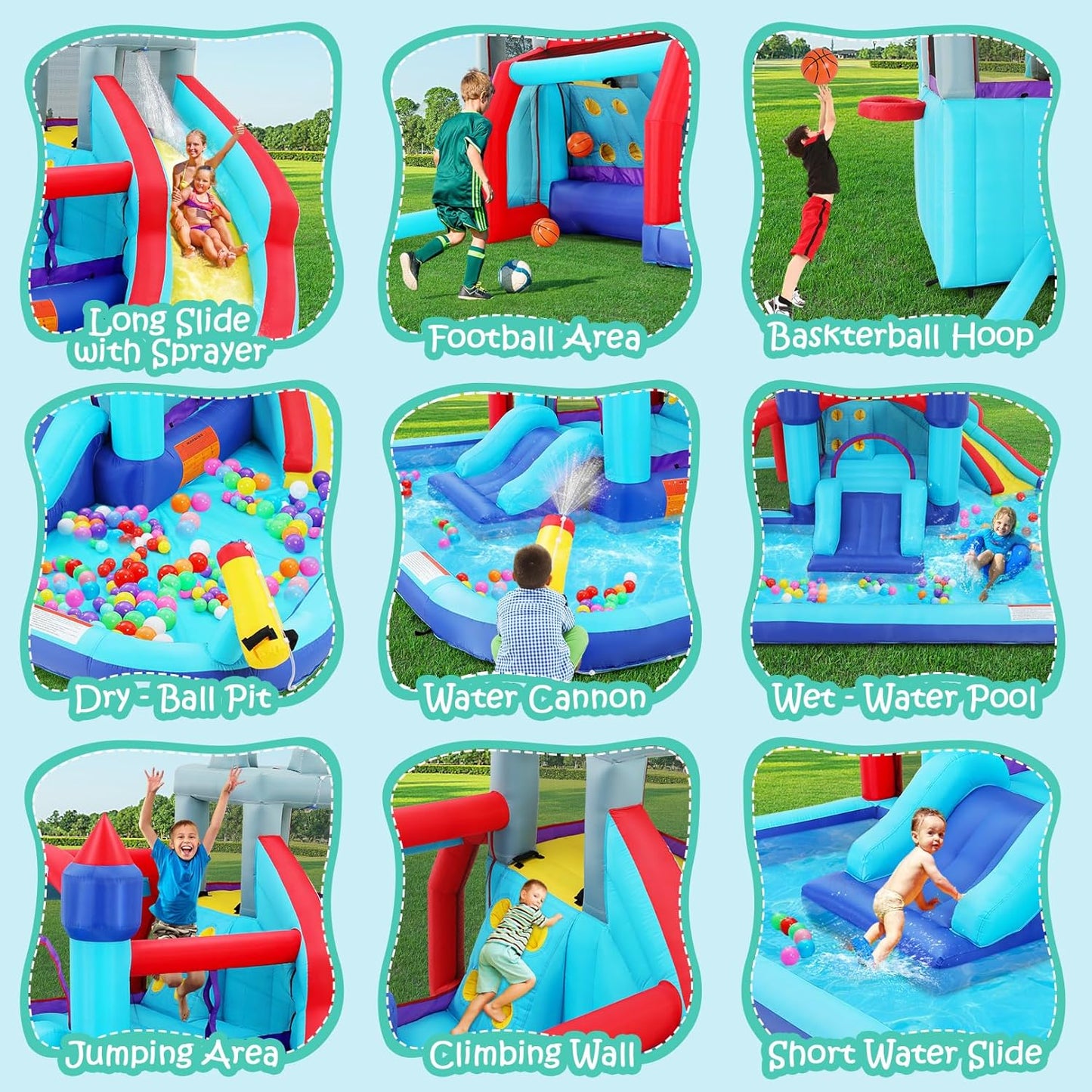 Inflatable Water Slides for Kids 8-in-1 Bounce House Water Park with 450W Blower Climbing Wall, Splash Pool, 2 Water Cannons, Basketball Hoop, Water Slide, Crocodile Sprinkler for Gift Backyard Party