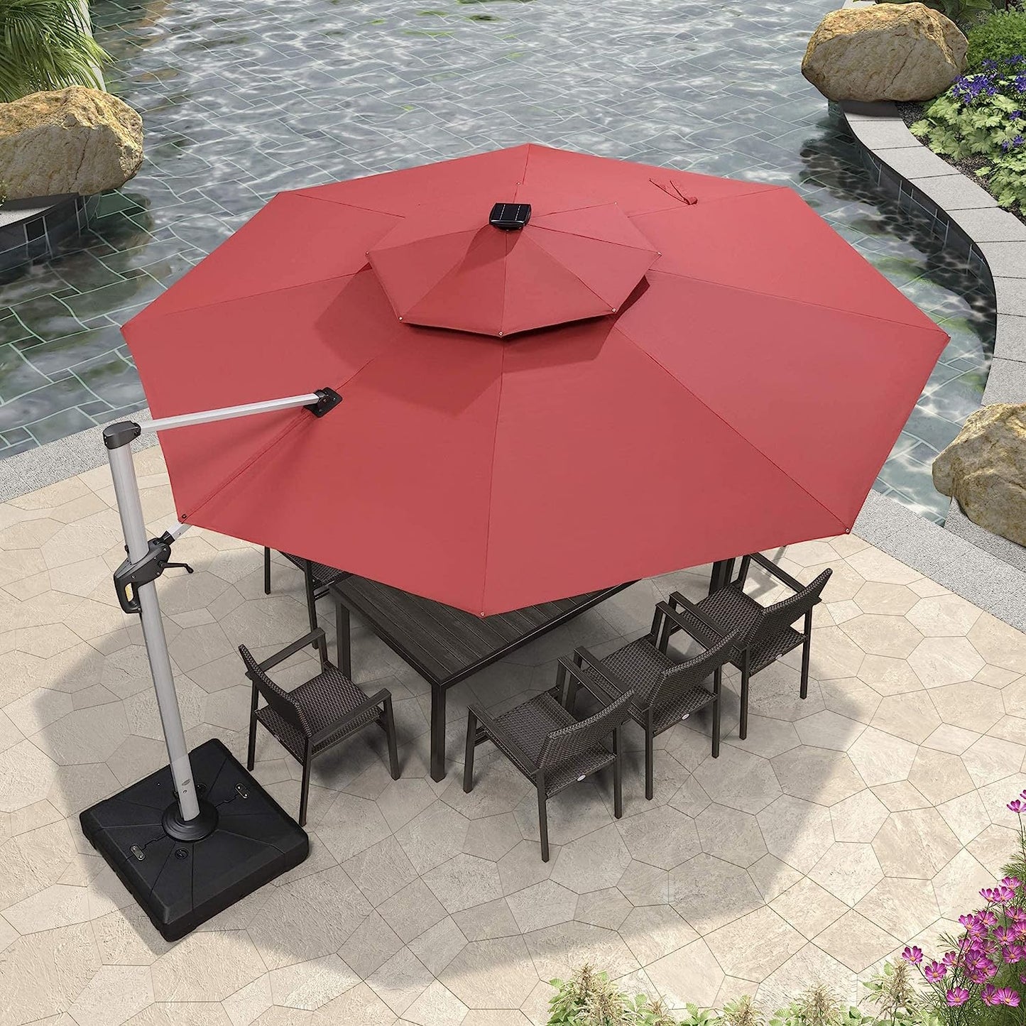 12ft Solar LED Patio Umbrella Outdoor Round Umbrella Large Cantilever Umbrella with LED Lights Windproof Bias Umbrella Heavy Duty Parasol for Garden Deck Pool Patio