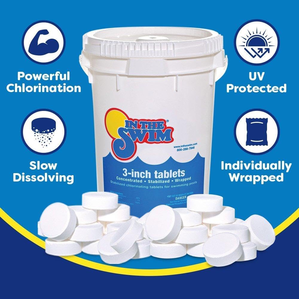 In The Swim 3 Inch Stabilized Chlorine Tablets for Sanitizing Swimming Pools - Individually Wrapped, Slow Dissolving - 90% Available Chlorine - Tri-Chlor - 50 Pounds