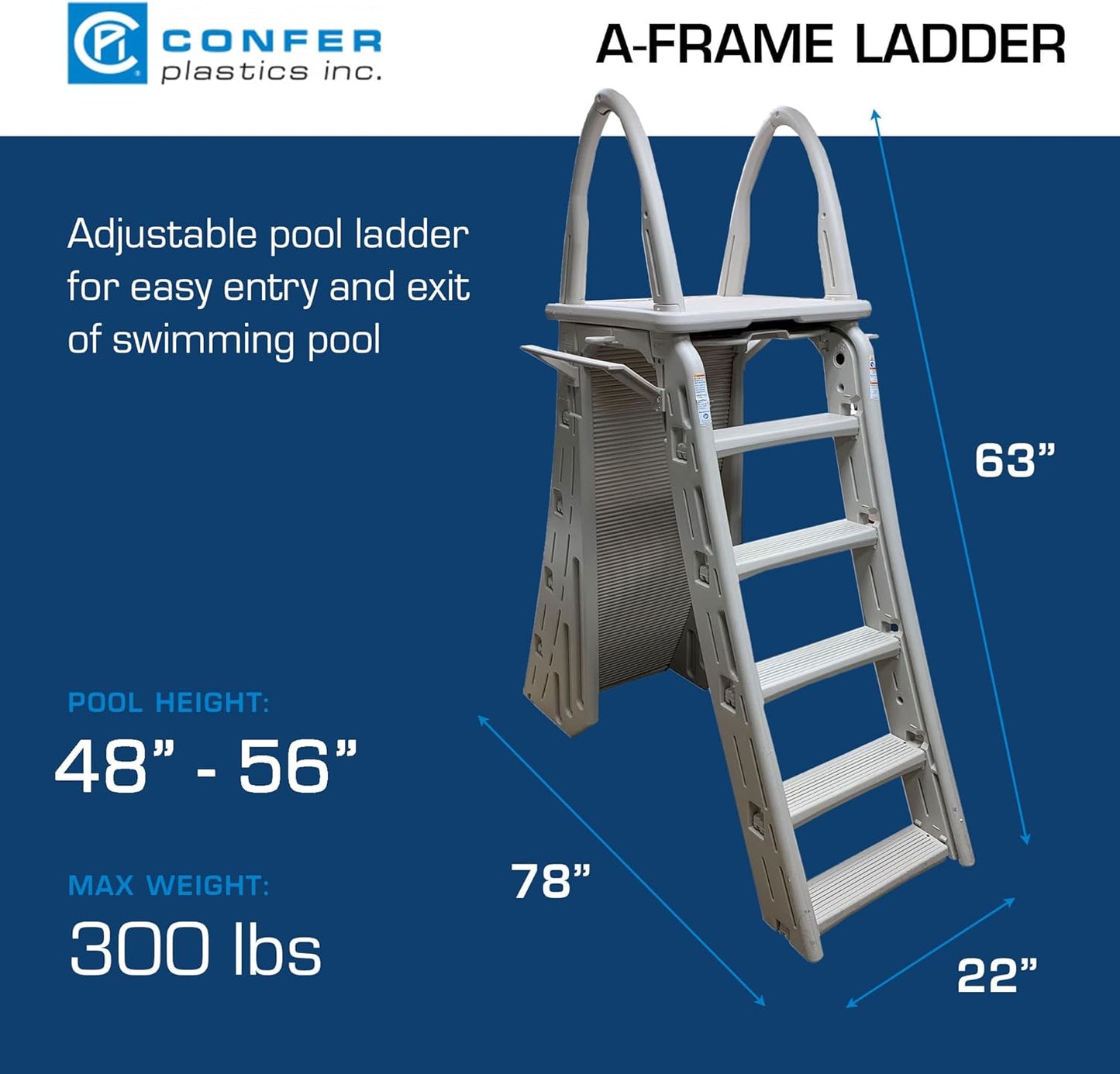 Confer Plastics 7200 Roll Guard 48" to 56" Adjustable A Frame Safety Ladder For Above Ground Outdoor Patio Swimming Pool Platform Ladder with Step Barrier, Warm Grey