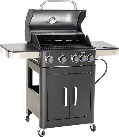 Burner Gas grill with side burner and enameled cast iron grille 42,000BTU outdoor cooking stainless steel propane grill Garden grill, silver