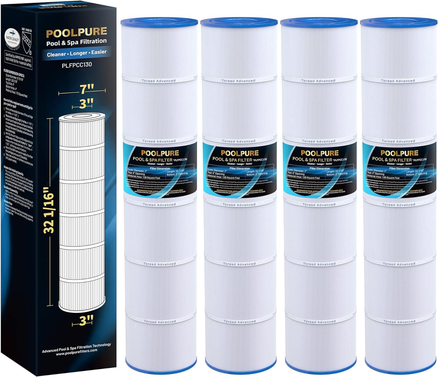 POOLPURE PLFPCC130 Pool Filter Replaces Pentair CCP520, R173578, PCC130, Ultral-A7, Unicel C-7472, Filbur FC-1978, FC-6475, Pentair Clean and Clear Plus 520, 817-0131, 178585, L x OD: 32 1/16"x7"