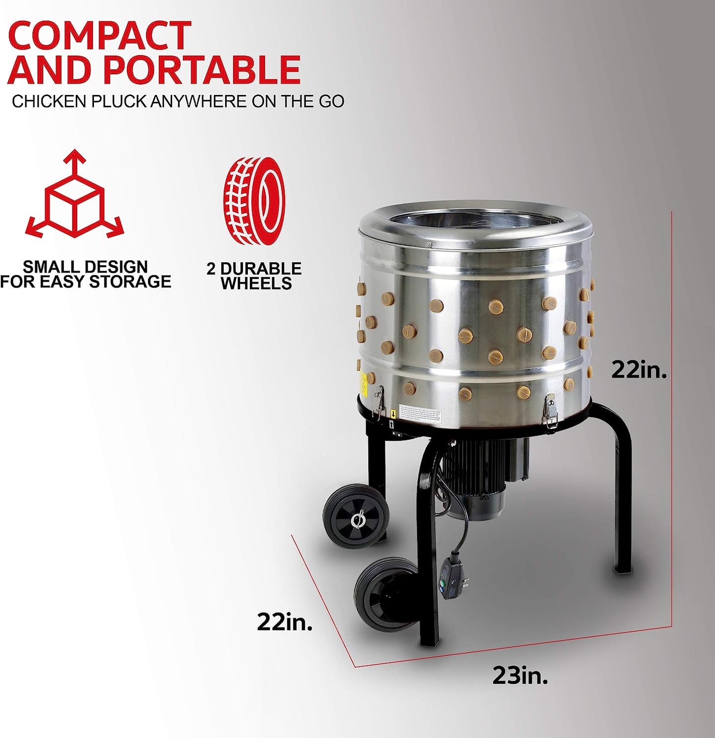 Kitchener Chicken Plucker De-Feather Remover Poultry and Fowl Food Processor Electric Stainless Steel Heavy Duty 1HP 120VAC 280RPM GFCI Connector 92 Soft Fingers 20" Drum Diameter