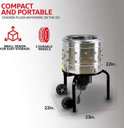 Kitchener Chicken Plucker De-Feather Remover Poultry and Fowl Food Processor Electric Stainless Steel Heavy Duty 1HP 120VAC 280RPM GFCI Connector 92 Soft Fingers 20" Drum Diameter