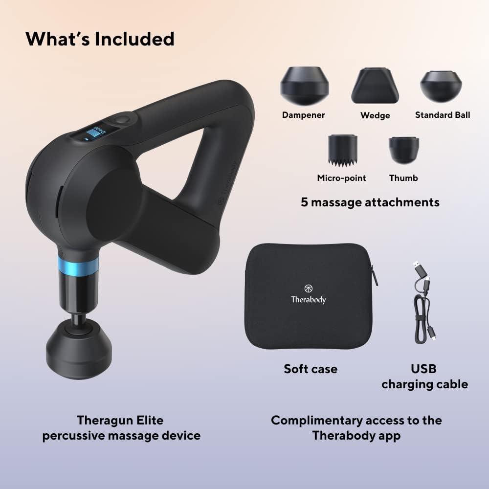 TheraGun Elite Ultra-Quiet Percussion Massage Gun for Deep Tissue Muscle Pain Relief, Handheld Electric Massager Perfect for Neck, Back, and Full Body Tension, Bluetooth and USB-C Charging, 5th Gen