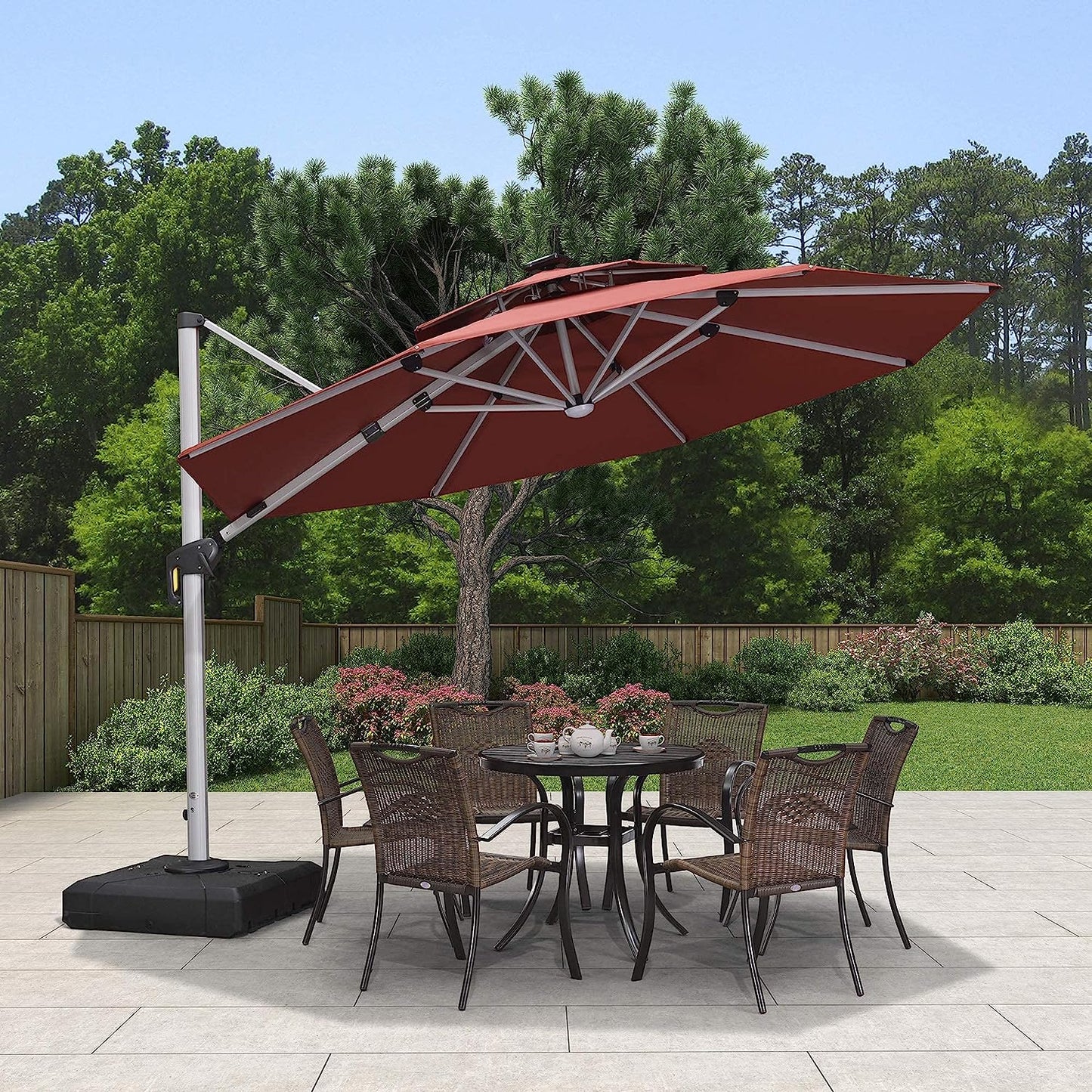 12ft Solar LED Patio Umbrella Outdoor Round Umbrella Large Cantilever Umbrella with LED Lights Windproof Bias Umbrella Heavy Duty Parasol for Garden Deck Pool Patio