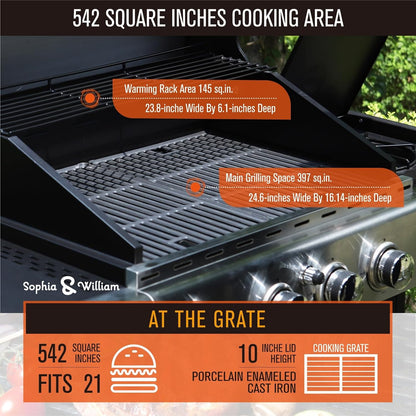 Burner Gas grill with side burner and enameled cast iron grille 42,000BTU outdoor cooking stainless steel propane grill Garden grill, silver
