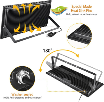 3 Pack 200W LED Flood Light,Super Bright Exterior Security Lights With Plug,IP66 Waterproof Outdoor Flood Light, 22800lm 5000K Daylight White Floodlight for Yard, Garden,Basketball Court, Arena