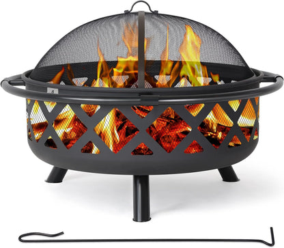 SUNCREAT 42” Patio Fire Pit Wood Burning with Mesh Spark Screen, Bonfire Outdoor firepit with Fireplace Poker, Black