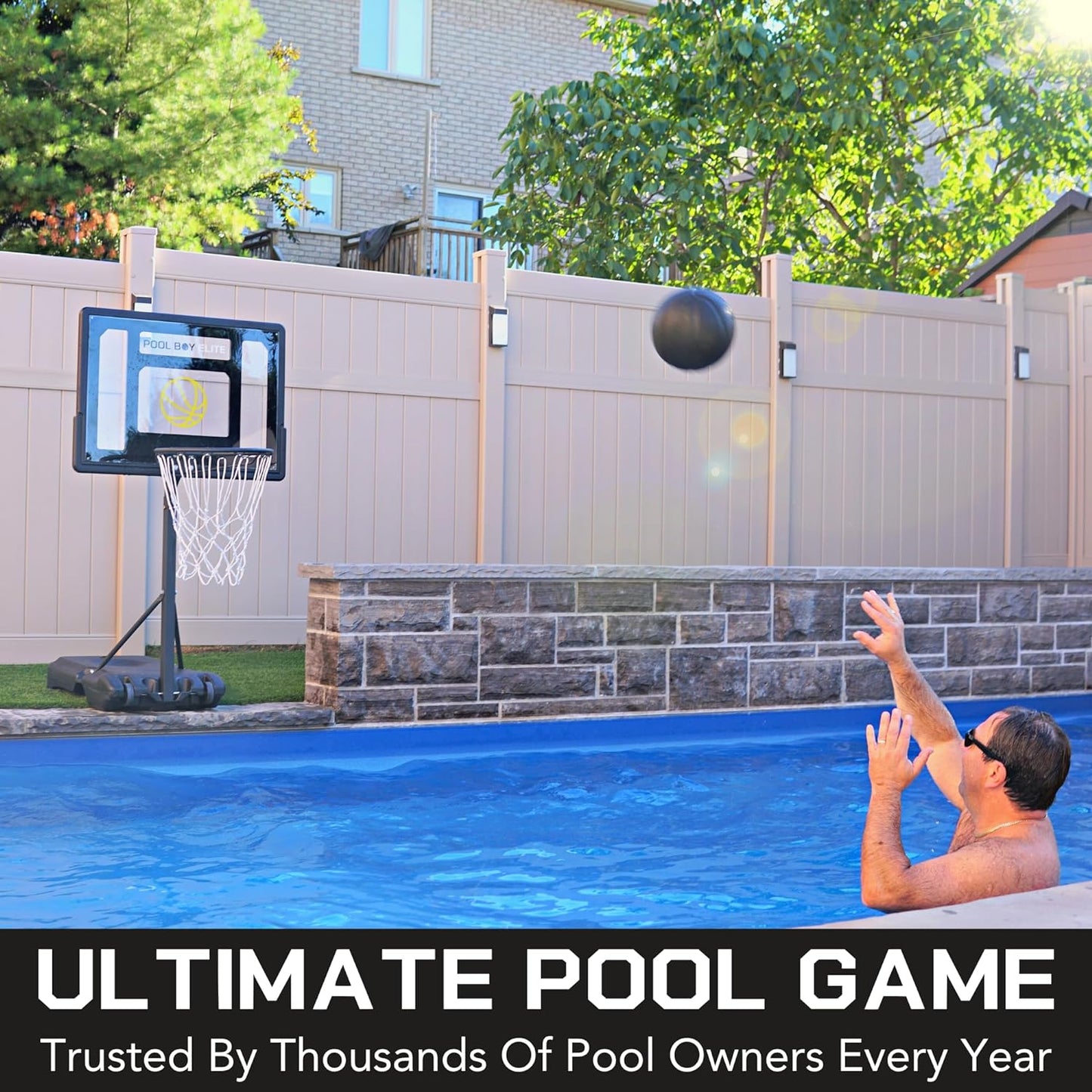 All-In-One Pool Basketball Hoop - Includes Composite Basketball, Air Pump, & Tools - Matte Black Heavy Duty Set - Adjustable Poolside Basketball Goal - Made for Kids, Teens, & Adults
