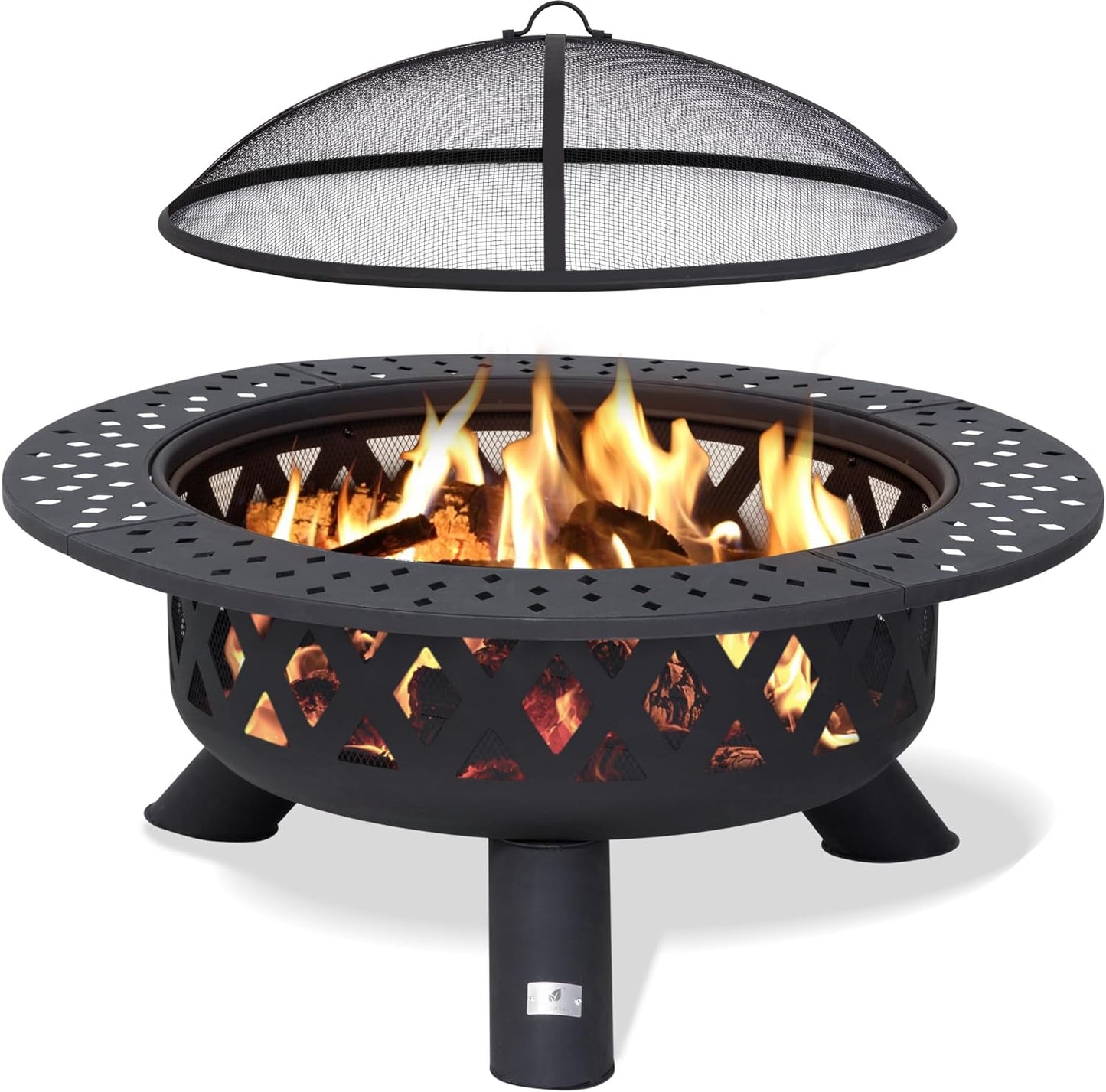SUNCREAT 42” Patio Fire Pit Wood Burning with Mesh Spark Screen, Bonfire Outdoor firepit with Fireplace Poker, Black