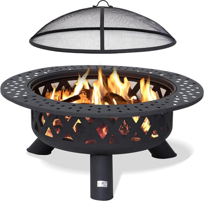 SUNCREAT 42” Patio Fire Pit Wood Burning with Mesh Spark Screen, Bonfire Outdoor firepit with Fireplace Poker, Black