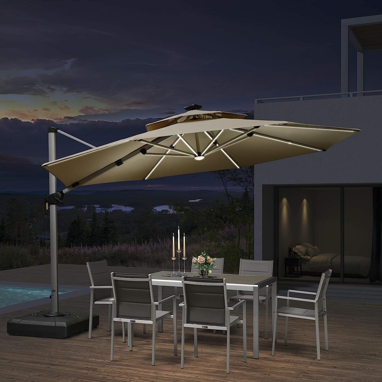 12ft Solar LED Patio Umbrella Outdoor Round Umbrella Large Cantilever Umbrella with LED Lights Windproof Bias Umbrella Heavy Duty Parasol for Garden Deck Pool Patio
