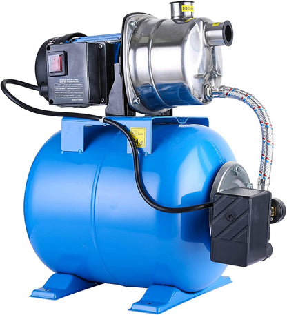 1.6HP Shallow Well Pump with Pressure Tank 1268 GPH Stainless Steel Jet Pump Transfer Drainage Booster Pump Garden Sprinkler System Water Pump for Home Garden Lawn Irrigation