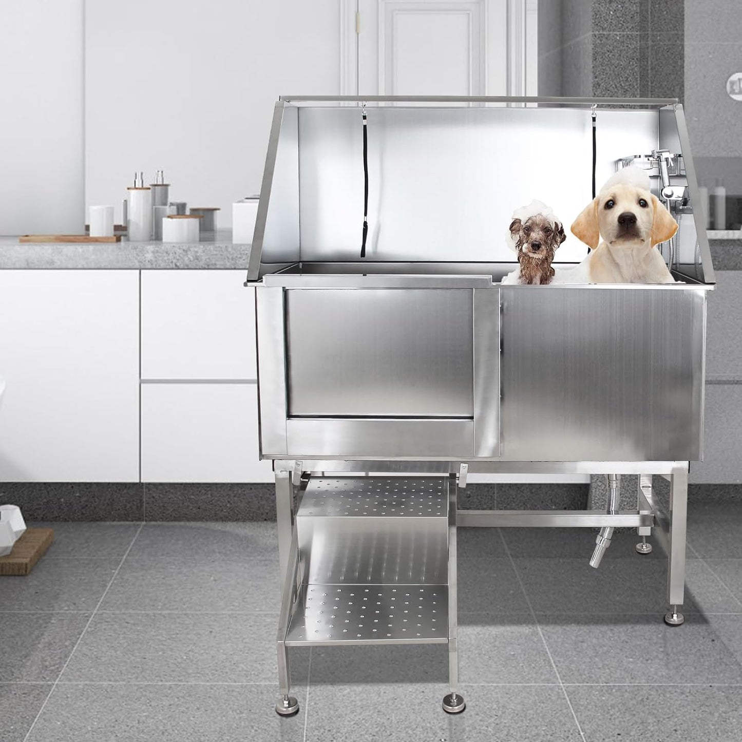 50" Dog Wash Bathtub, Pet Wash Station, Professional Stainless Steel Dog Grooming Tub with Ramp, Faucet, Sprayer, Drain Kit, Right Door