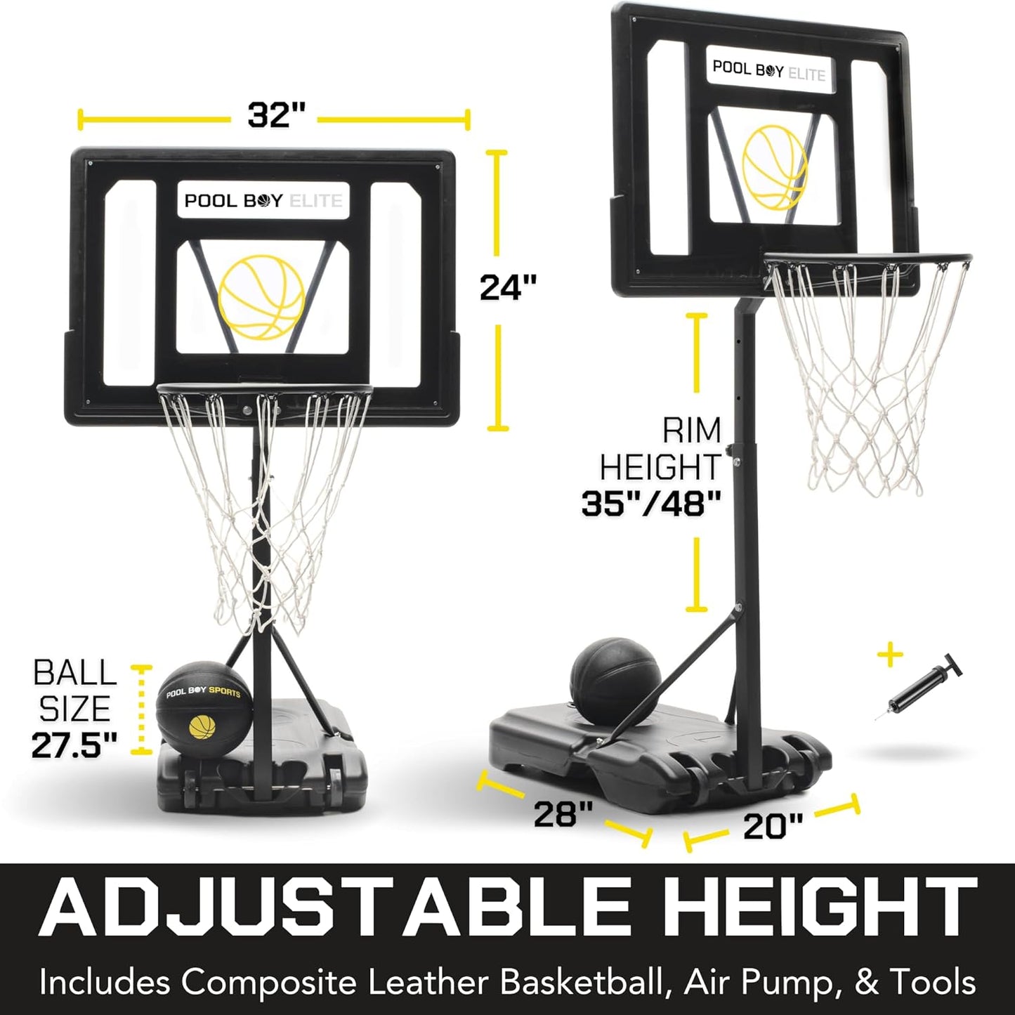 All-In-One Pool Basketball Hoop - Includes Composite Basketball, Air Pump, & Tools - Matte Black Heavy Duty Set - Adjustable Poolside Basketball Goal - Made for Kids, Teens, & Adults