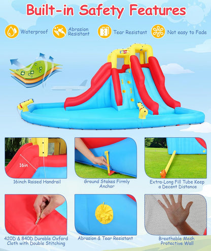 Inflatable Water Slides for Kids 8-in-1 Bounce House Water Park with 450W Blower Climbing Wall, Splash Pool, 2 Water Cannons, Basketball Hoop, Water Slide, Crocodile Sprinkler for Gift Backyard Party