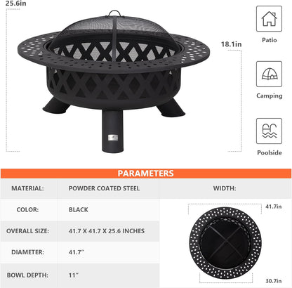 SUNCREAT 42” Patio Fire Pit Wood Burning with Mesh Spark Screen, Bonfire Outdoor firepit with Fireplace Poker, Black