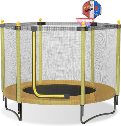 60" Kids Trampoline with Safety Enclosure Net, 5FT Toddler Indoor & Outdoor Trampoline/w Basketball Hoop - Parent-Child Interactive Game Fitness Trampoline Toy Gift for Boys and Girls Age 1-8
