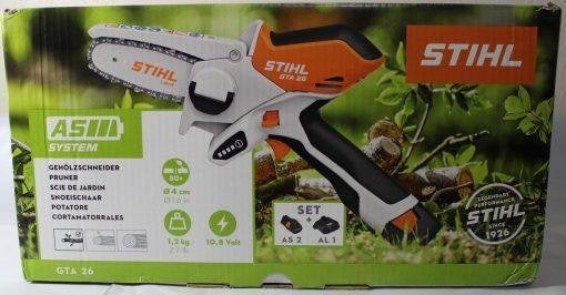 STIHL GTA 26 PRUNER CHAINSAW W CARRYING CASE, BATTERY AND CHARGER.