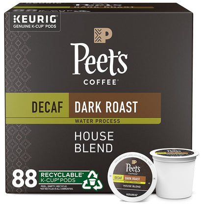 Peet's Coffee Dark Roast Decaffeinated Coffee Decaf House Blend 88 Count (4 Boxes of 22 K-Cup Pods)