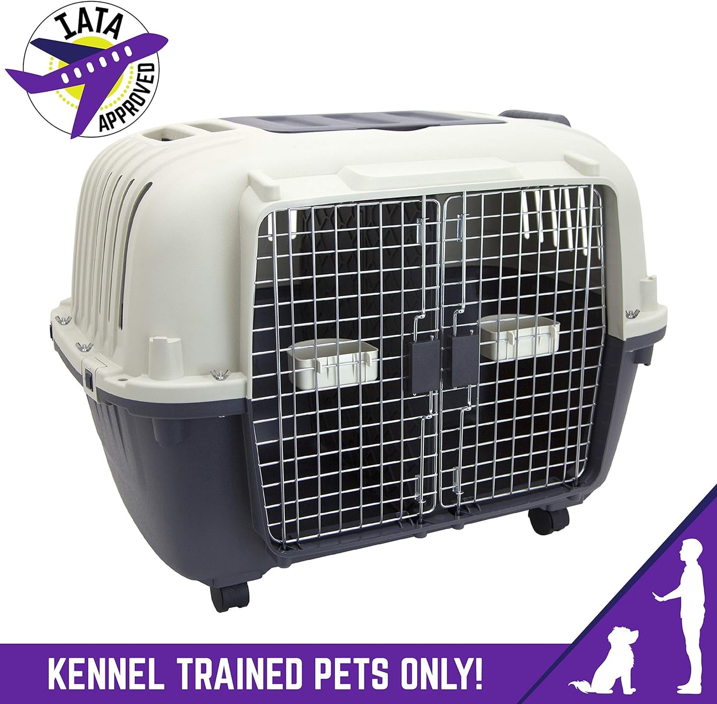 SportPet Designs Plastic Kennels Rolling Plastic Airline Approved Wire Door Travel Dog Crate, XXX-Large, Gray