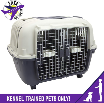 SportPet Designs Plastic Kennels Rolling Plastic Airline Approved Wire Door Travel Dog Crate, XXX-Large, Gray