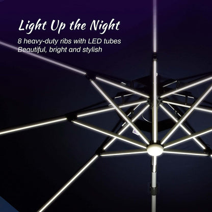 12ft Solar LED Patio Umbrella Outdoor Round Umbrella Large Cantilever Umbrella with LED Lights Windproof Bias Umbrella Heavy Duty Parasol for Garden Deck Pool Patio