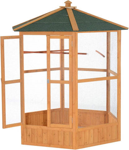 Large Wooden Hexagonal Outdoor Aviary Flight Bird Cage with Covered Roof