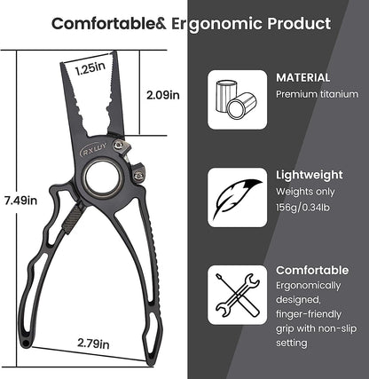 RXLUY Titanium Fishing Pliers, Premium Saltwater Fishing Gear, Tungsten Cutters, Split Ring Hook Remover, Knot Tying Tool with Lanyard, Ice Fishing, Sea Fishing Kit Gifts for Men